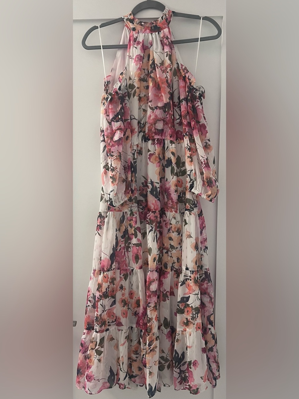 MSK Sleeveless Halter Neck Metallic Floral Maxi Dress Pink & White Small